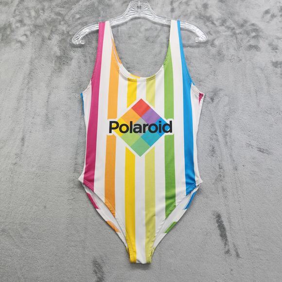 Polaroid Swimsuit Size M Multicolor Rainbow Striped Logo High Cut One Piece - Picture 1 of 11